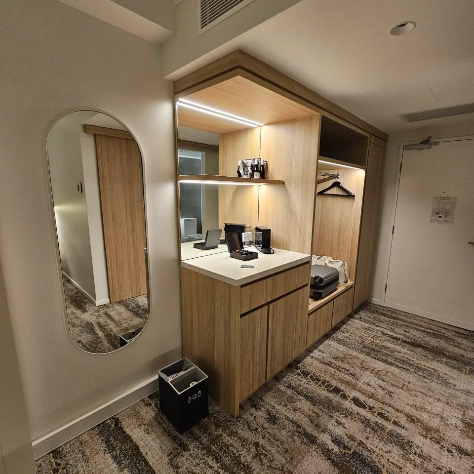 Custom timber joinery unit with minibar, open wardrobe and integrated lighting